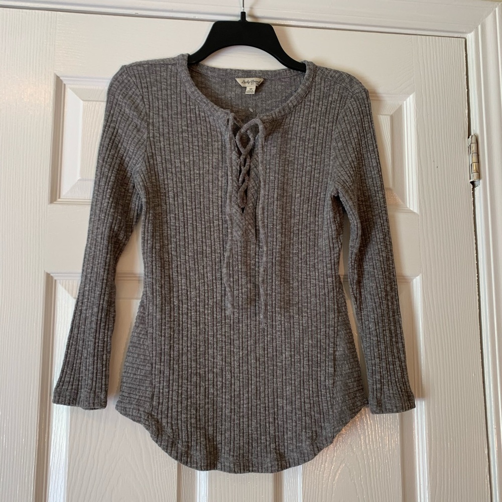 Lucky Brand gray pullover braided v neck tie cozy sexy soft fun